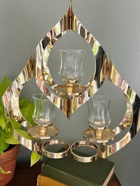 Vintage Brass Hanging Candle Holder Hollywood Regency MCM Wall Sconce 3 Light Gl